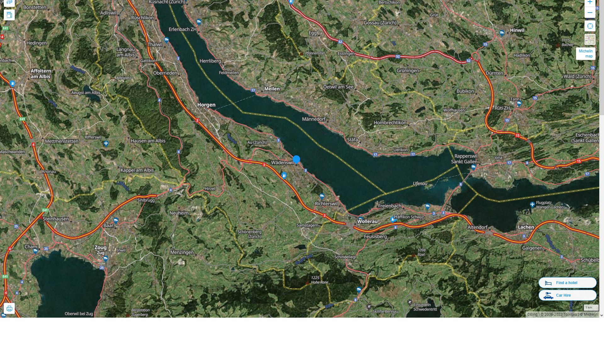 Wadenswil Suisse Autoroute et carte routiere avec vue satellite